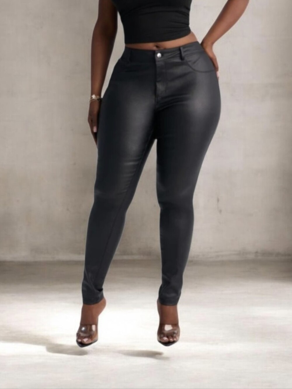 #K127 High-Waist Black Faux-Leather Skinny Jeans - Women